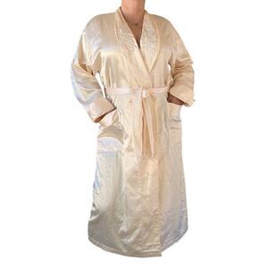 Vintage 80s Victoria's Secret Satin Maxi Robe Embroidered Collar V Neck Size S